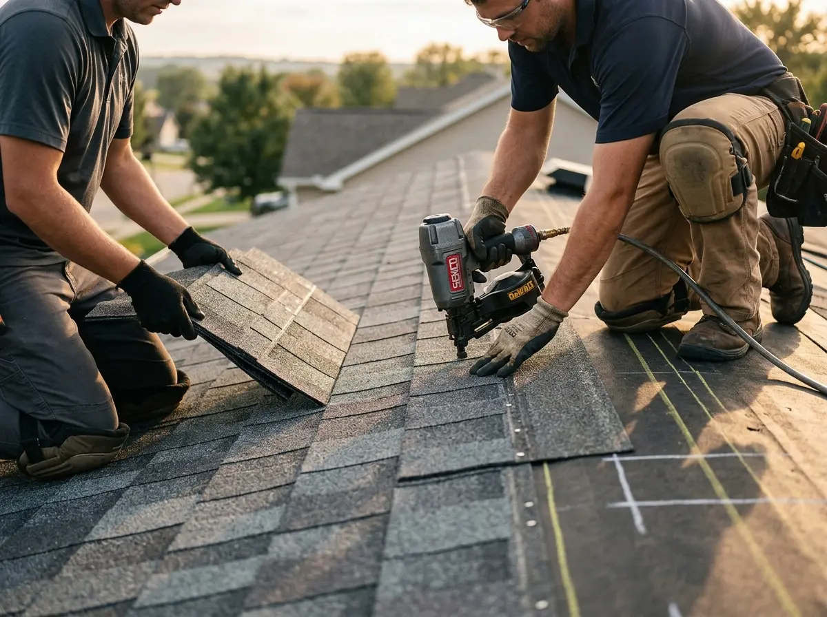 Professional roofer working on a residential roof in Zeeland